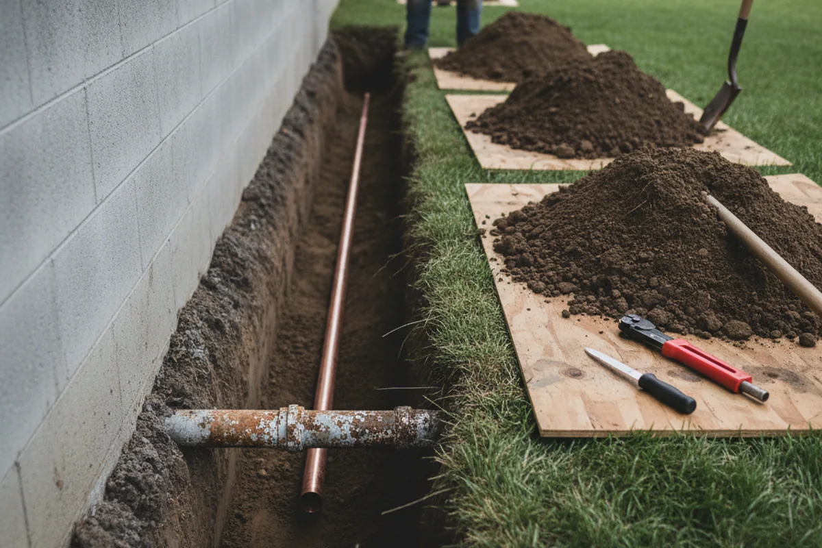 Excavated water line trench during Water Softener Installation in Lee